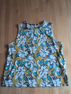 T.La Mustard Floral Tank with Teal and White Accents - Ruffle Neck Size M